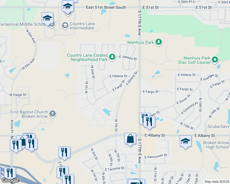 map of restaurants, bars, coffee shops, grocery stores, and more near 612 East Fargo Street in Broken Arrow