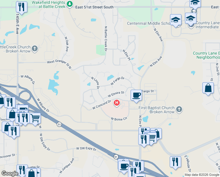 map of restaurants, bars, coffee shops, grocery stores, and more near 1100 West Fargo Drive in Broken Arrow