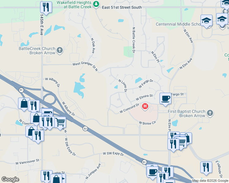 map of restaurants, bars, coffee shops, grocery stores, and more near 2913 North Juniper Court in Broken Arrow