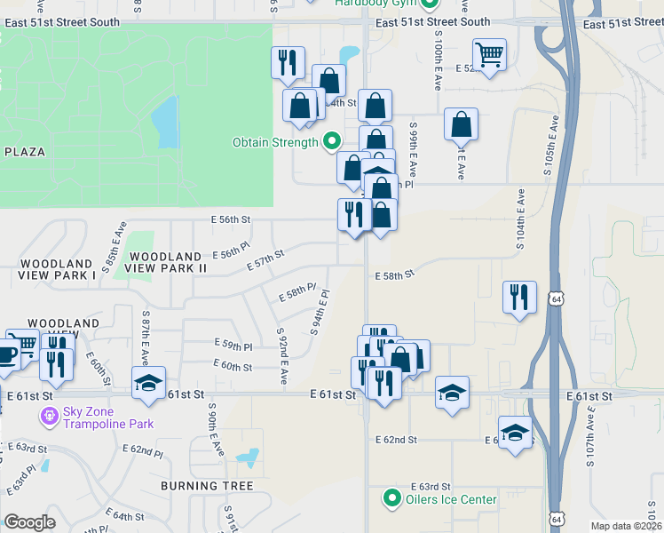 map of restaurants, bars, coffee shops, grocery stores, and more near 5646 South Mingo Road in Tulsa