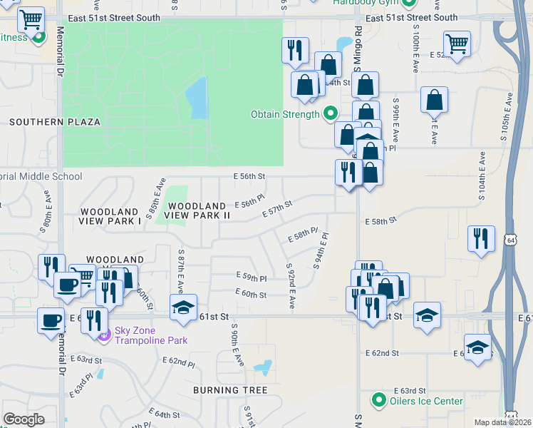 map of restaurants, bars, coffee shops, grocery stores, and more near 8966 East 56th Place in Tulsa