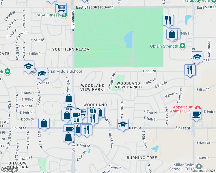 map of restaurants, bars, coffee shops, grocery stores, and more near 5638 South 85th East Avenue in Tulsa