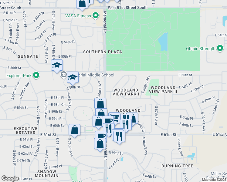 map of restaurants, bars, coffee shops, grocery stores, and more near 5652 South 82nd East Avenue in Tulsa