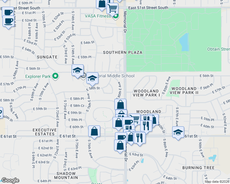 map of restaurants, bars, coffee shops, grocery stores, and more near 5744 South 80th East Avenue in Tulsa