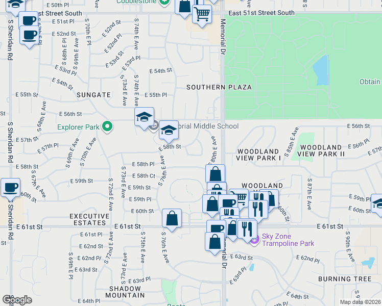 map of restaurants, bars, coffee shops, grocery stores, and more near 7816 East 58th Street in Tulsa