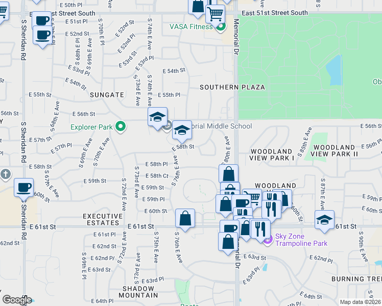 map of restaurants, bars, coffee shops, grocery stores, and more near 7625 East 58th Street in Tulsa
