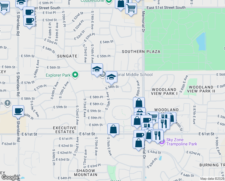 map of restaurants, bars, coffee shops, grocery stores, and more near 7625 East 58th Street in Tulsa