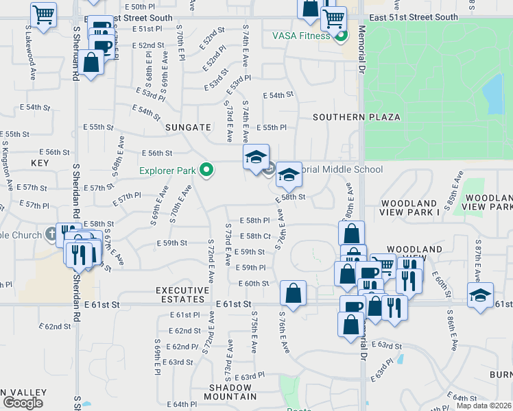 map of restaurants, bars, coffee shops, grocery stores, and more near 7335 East 58th Street in Tulsa