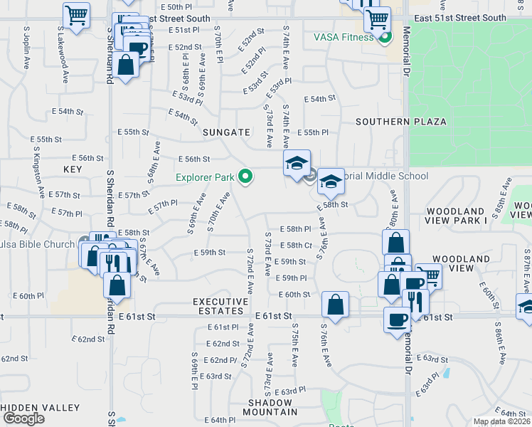 map of restaurants, bars, coffee shops, grocery stores, and more near 7227 East 58th Street in Tulsa