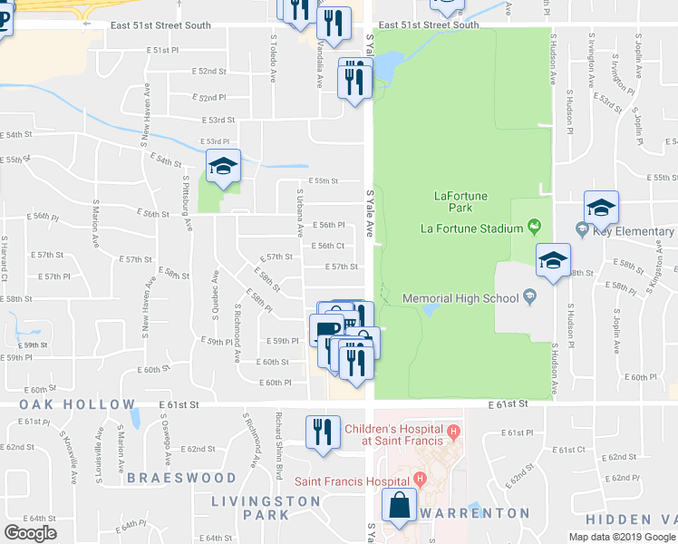 map of restaurants, bars, coffee shops, grocery stores, and more near 4642 East 56th Court in Tulsa