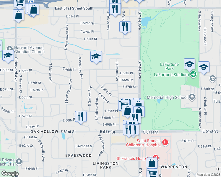 map of restaurants, bars, coffee shops, grocery stores, and more near 4354 East 57th Street in Tulsa