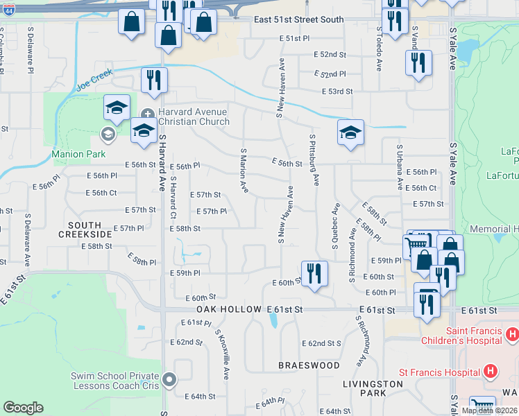 map of restaurants, bars, coffee shops, grocery stores, and more near 3805 East 57th Street in Tulsa