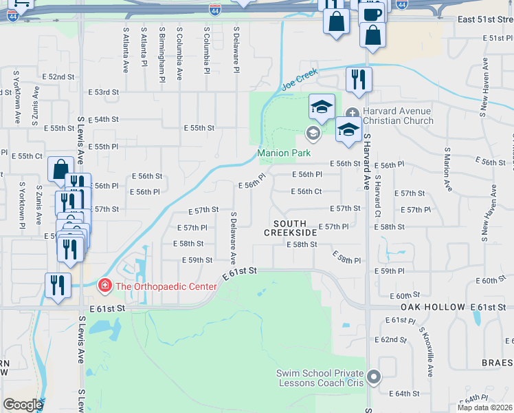 map of restaurants, bars, coffee shops, grocery stores, and more near 5648 South Delaware Place in Tulsa