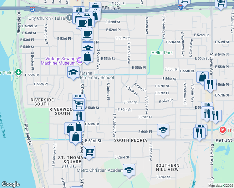 map of restaurants, bars, coffee shops, grocery stores, and more near 5646 South Rockford Avenue in Tulsa