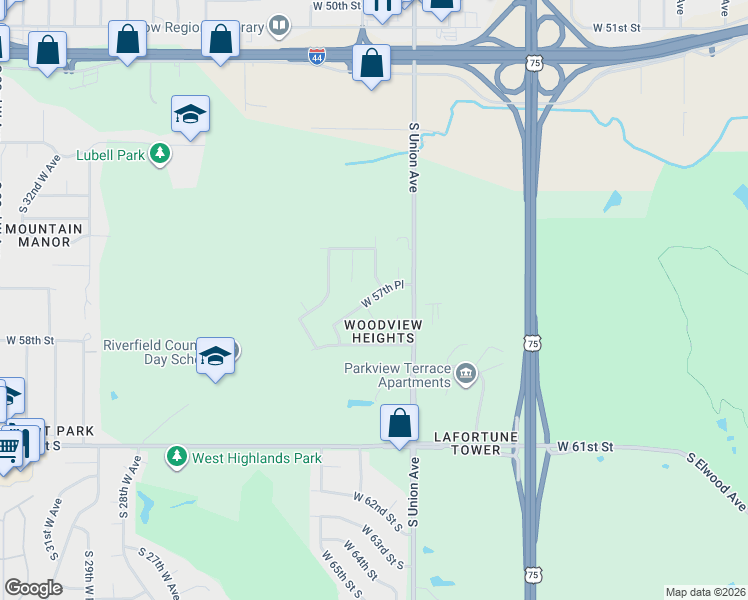 map of restaurants, bars, coffee shops, grocery stores, and more near 5640 South Vancouver Place in Tulsa