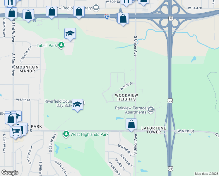 map of restaurants, bars, coffee shops, grocery stores, and more near 5643 South Xenophon Avenue in Tulsa
