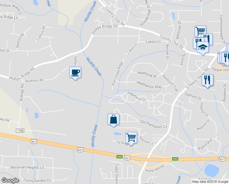 map of restaurants, bars, coffee shops, grocery stores, and more near 5092 River Chase Ridge in Winston-Salem