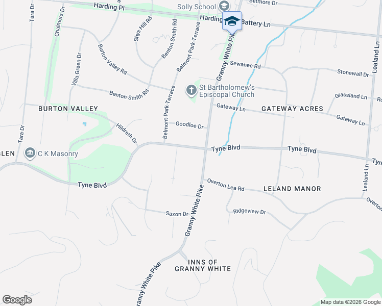 map of restaurants, bars, coffee shops, grocery stores, and more near 1206 Tyne Boulevard in Nashville