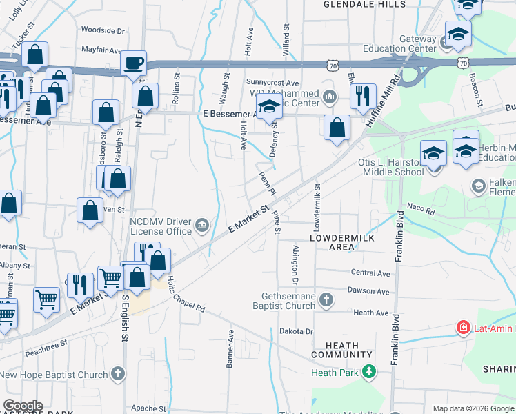 map of restaurants, bars, coffee shops, grocery stores, and more near in Greensboro
