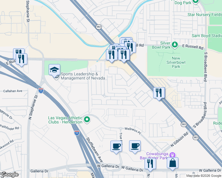 map of restaurants, bars, coffee shops, grocery stores, and more near 5956 High Steed Street in Henderson