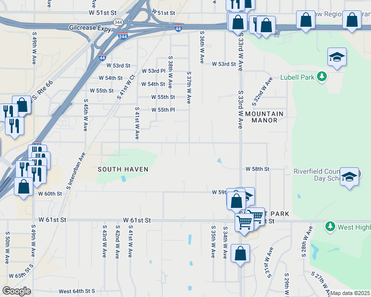 map of restaurants, bars, coffee shops, grocery stores, and more near 3707 West 57th Street in Tulsa