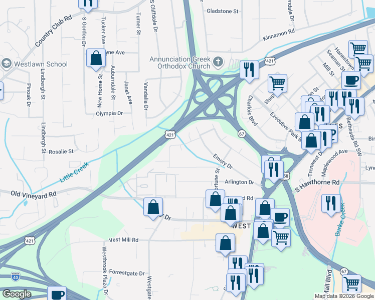 map of restaurants, bars, coffee shops, grocery stores, and more near 3512 Chelsea Village Lane in Winston-Salem