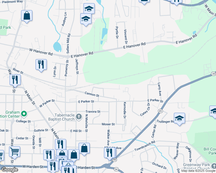 map of restaurants, bars, coffee shops, grocery stores, and more near 406 Shoffner Street in Graham