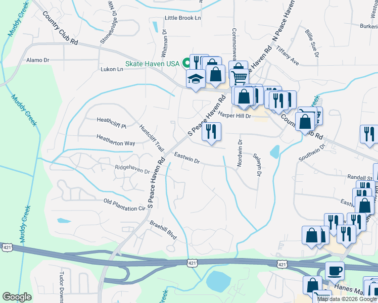 map of restaurants, bars, coffee shops, grocery stores, and more near 116 Sterling Point Court in Winston-Salem