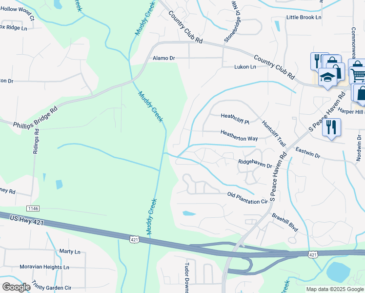 map of restaurants, bars, coffee shops, grocery stores, and more near 5092 River Chase Ridge in Winston-Salem