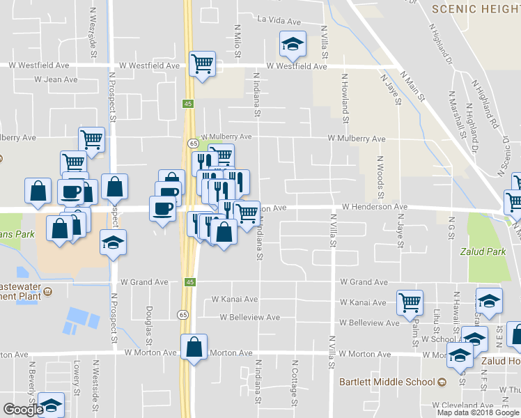 map of restaurants, bars, coffee shops, grocery stores, and more near West Henderson Avenue & North Indiana Street in Porterville
