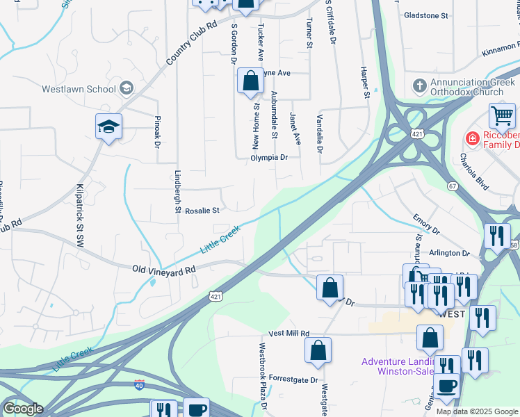 map of restaurants, bars, coffee shops, grocery stores, and more near 465 Creekway Court in Winston-Salem