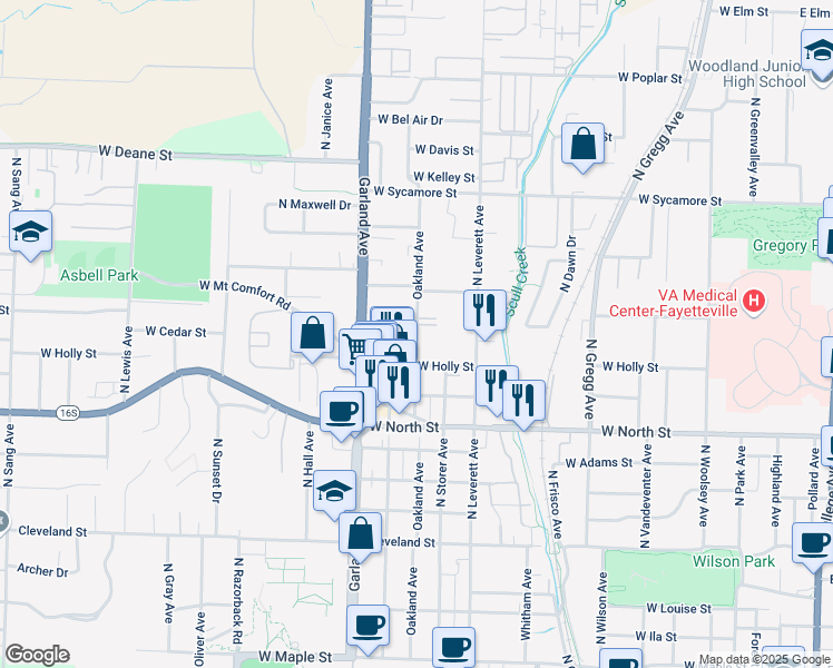 map of restaurants, bars, coffee shops, grocery stores, and more near 1337 Oakland Avenue in Fayetteville