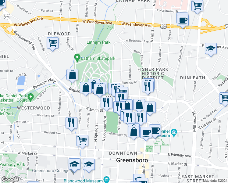 map of restaurants, bars, coffee shops, grocery stores, and more near 708 Wharton Street in Greensboro