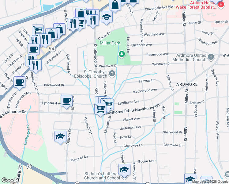 map of restaurants, bars, coffee shops, grocery stores, and more near 836 Magnolia Street in Winston-Salem