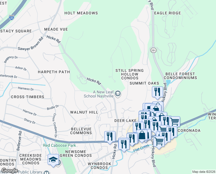 map of restaurants, bars, coffee shops, grocery stores, and more near 408 Hicks Road in Nashville