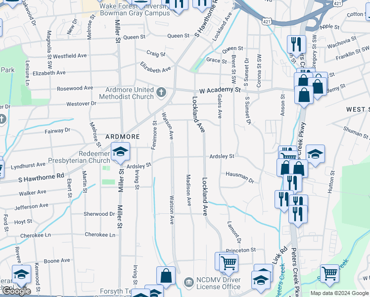 map of restaurants, bars, coffee shops, grocery stores, and more near 856 Madison Avenue in Winston-Salem