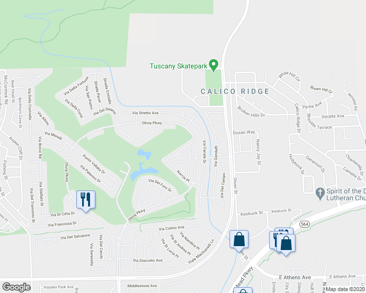 map of restaurants, bars, coffee shops, grocery stores, and more near 1049 Via Prato Ln in Henderson