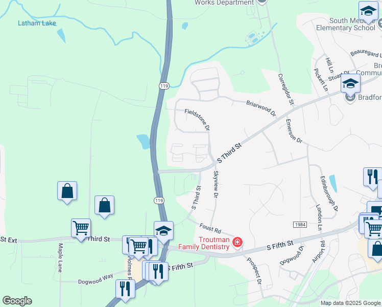 map of restaurants, bars, coffee shops, grocery stores, and more near 510 Quaker Creek Drive in Mebane