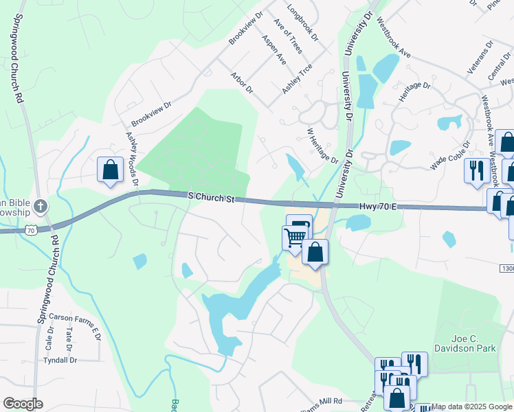 map of restaurants, bars, coffee shops, grocery stores, and more near 4016 South Church Street in Burlington