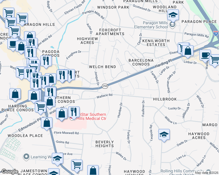 map of restaurants, bars, coffee shops, grocery stores, and more near 191 Welch Road in Nashville