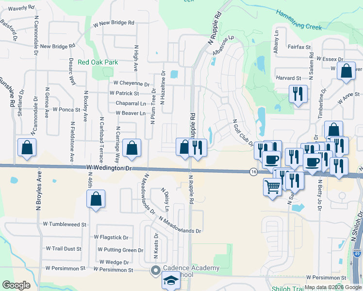 map of restaurants, bars, coffee shops, grocery stores, and more near 1277 North Rupple Road in Fayetteville