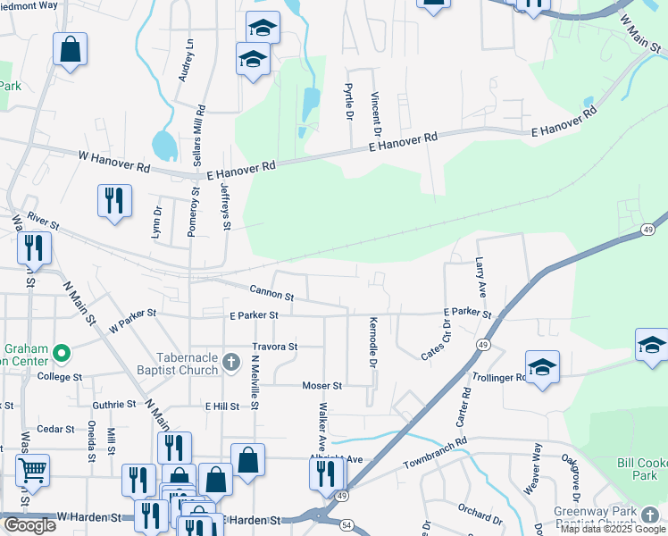 map of restaurants, bars, coffee shops, grocery stores, and more near 406 Shoffner Street in Graham