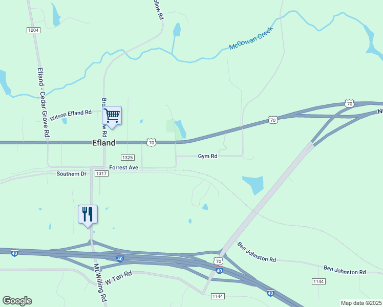 map of restaurants, bars, coffee shops, grocery stores, and more near 3103 Gym Road in Efland