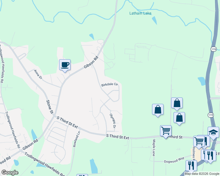 map of restaurants, bars, coffee shops, grocery stores, and more near 1514 Birkdale Circle in Mebane