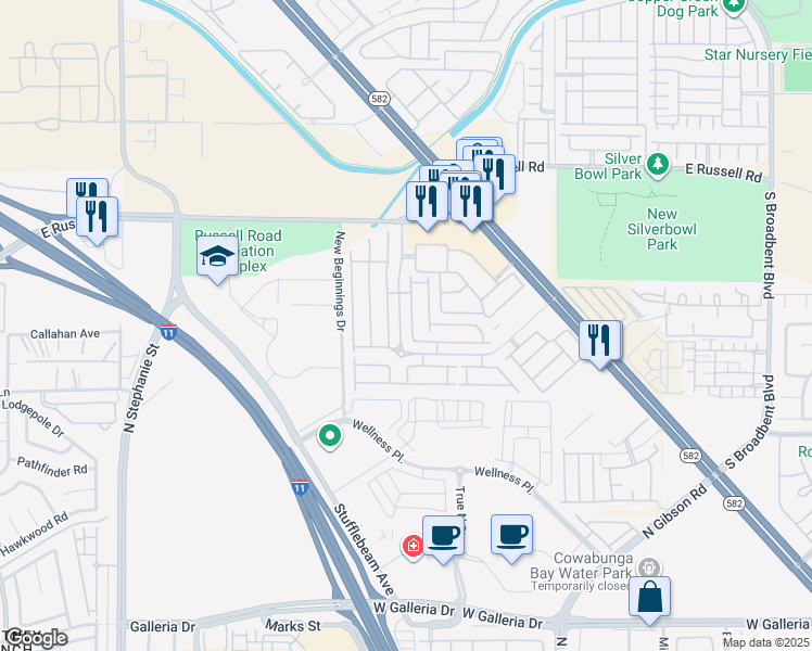 map of restaurants, bars, coffee shops, grocery stores, and more near 5983 Trickling Descent Street in Henderson