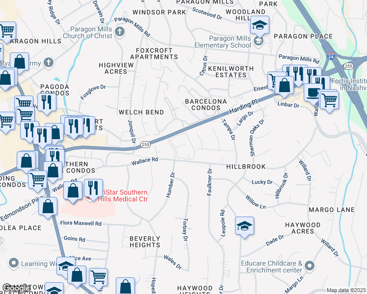 map of restaurants, bars, coffee shops, grocery stores, and more near 4700 Humber Drive in Nashville