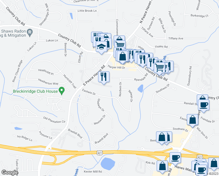 map of restaurants, bars, coffee shops, grocery stores, and more near 160 Sterling Point Court in Winston-Salem