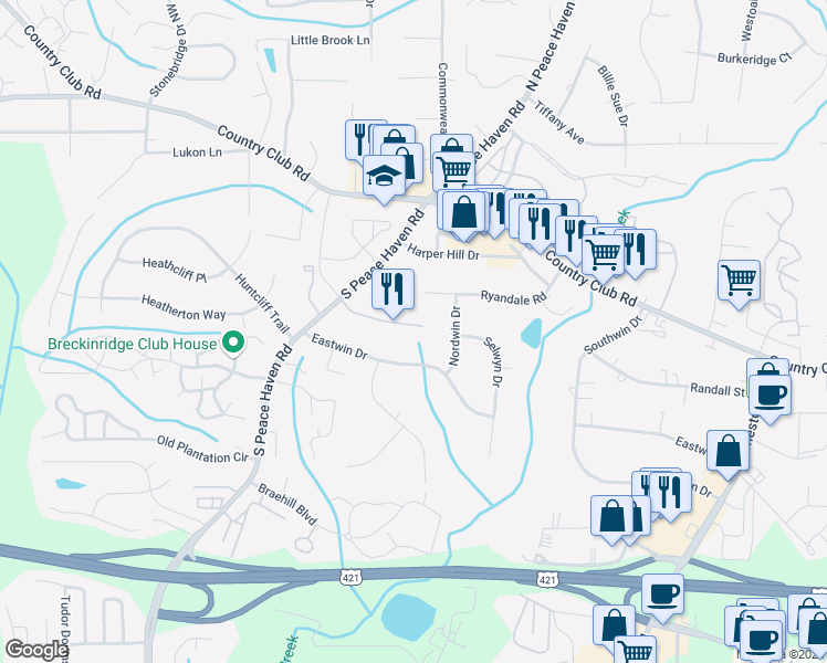 map of restaurants, bars, coffee shops, grocery stores, and more near 160 Sterling Point Court in Winston-Salem