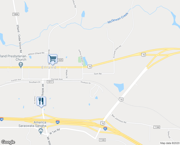 map of restaurants, bars, coffee shops, grocery stores, and more near 3103 Gym Road in Efland