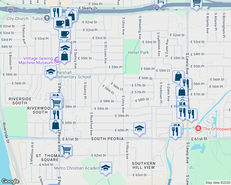 map of restaurants, bars, coffee shops, grocery stores, and more near 1612 East 56th Court in Tulsa